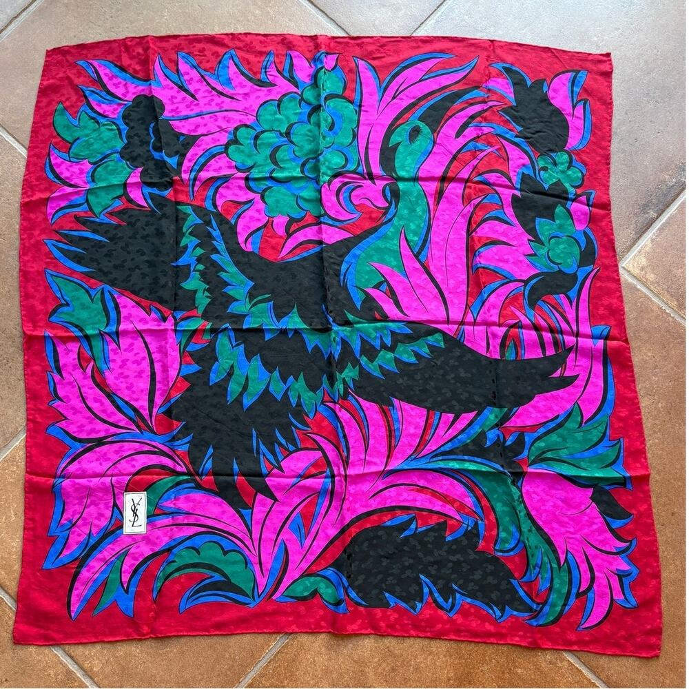 YSL Maximalist Vintage Large Square Silk Scarf with Bird in Flight - Minor Flaws